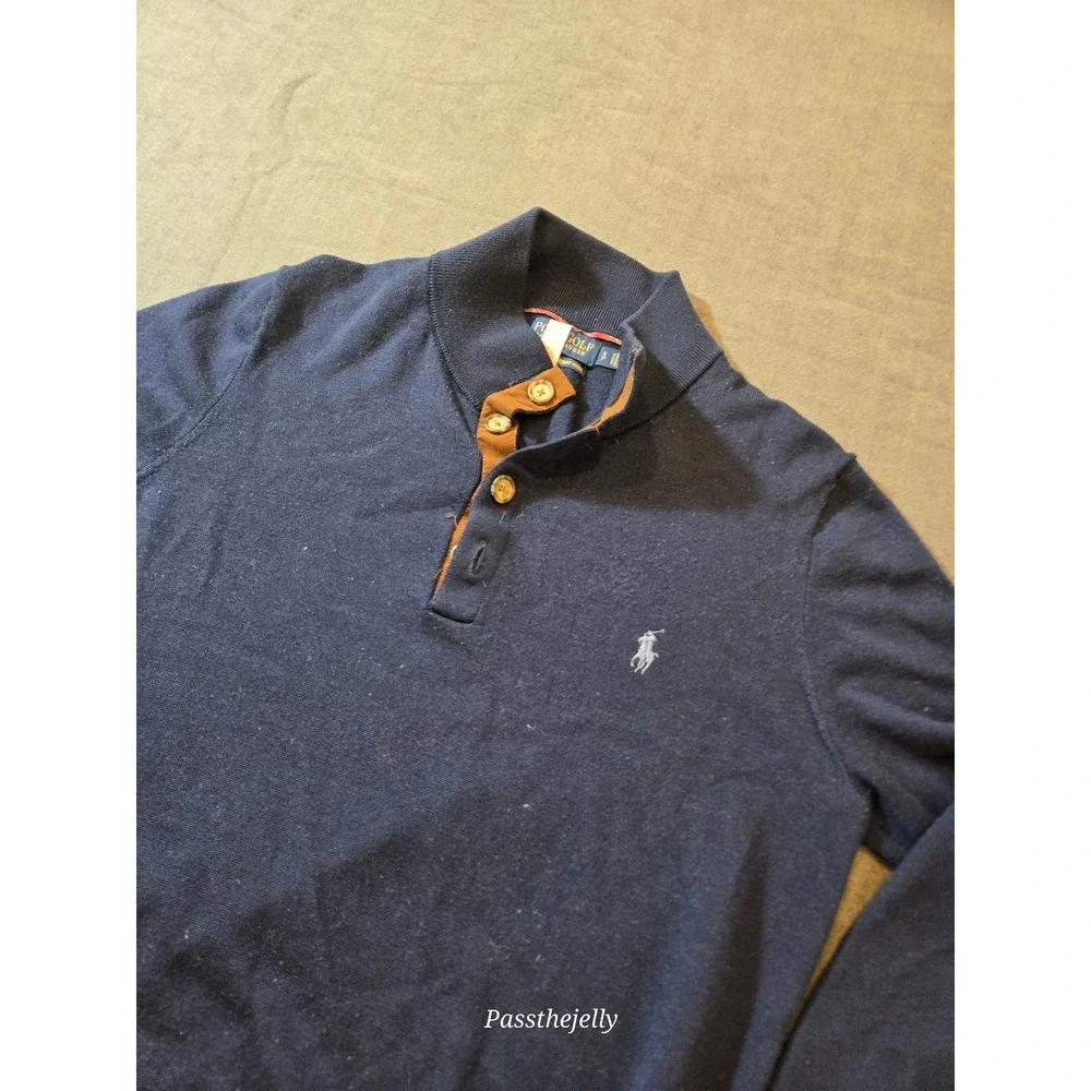 Vtg Polo Ralph Lauren Sweater Mens Small Blue Henley Mock Neck Merino Wool Pony